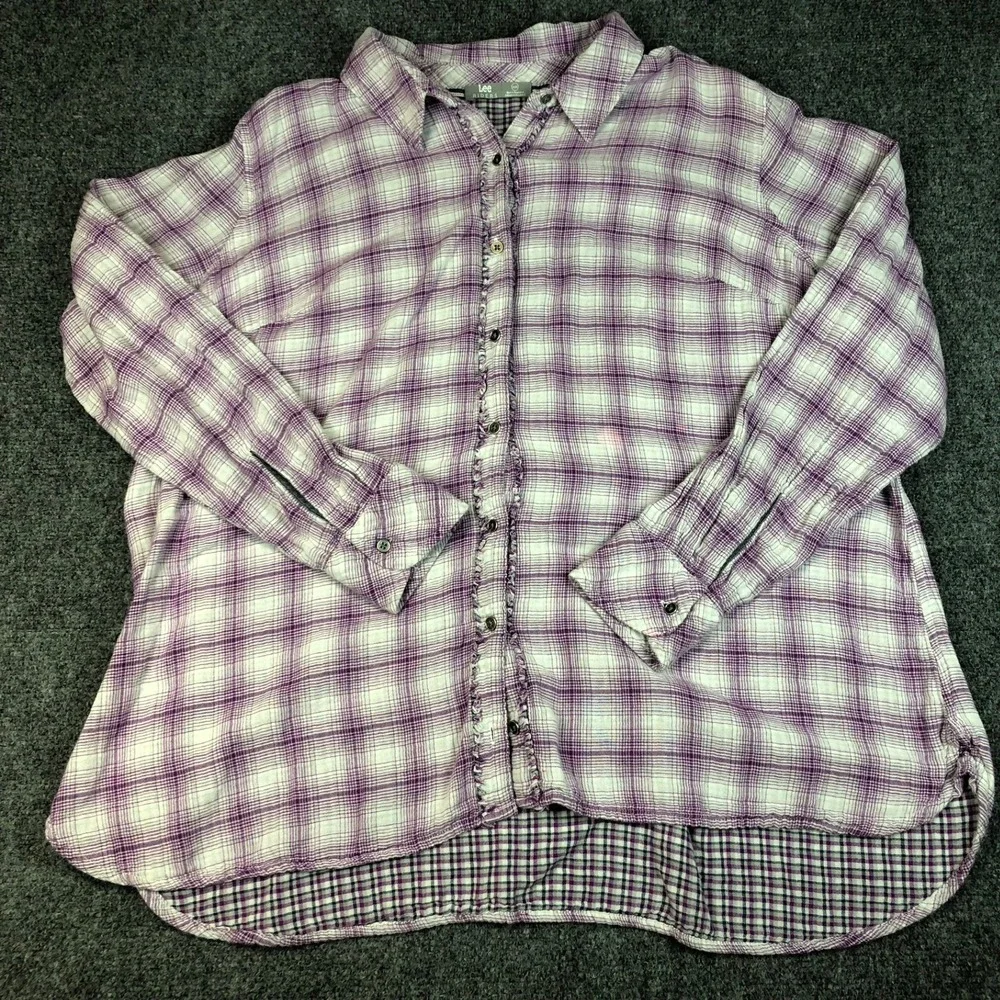 Lee Riders Womens 2X Plus Purple White Plaid Button Up Long Sleeve Shirt Ruffled - Picture 1 of 9